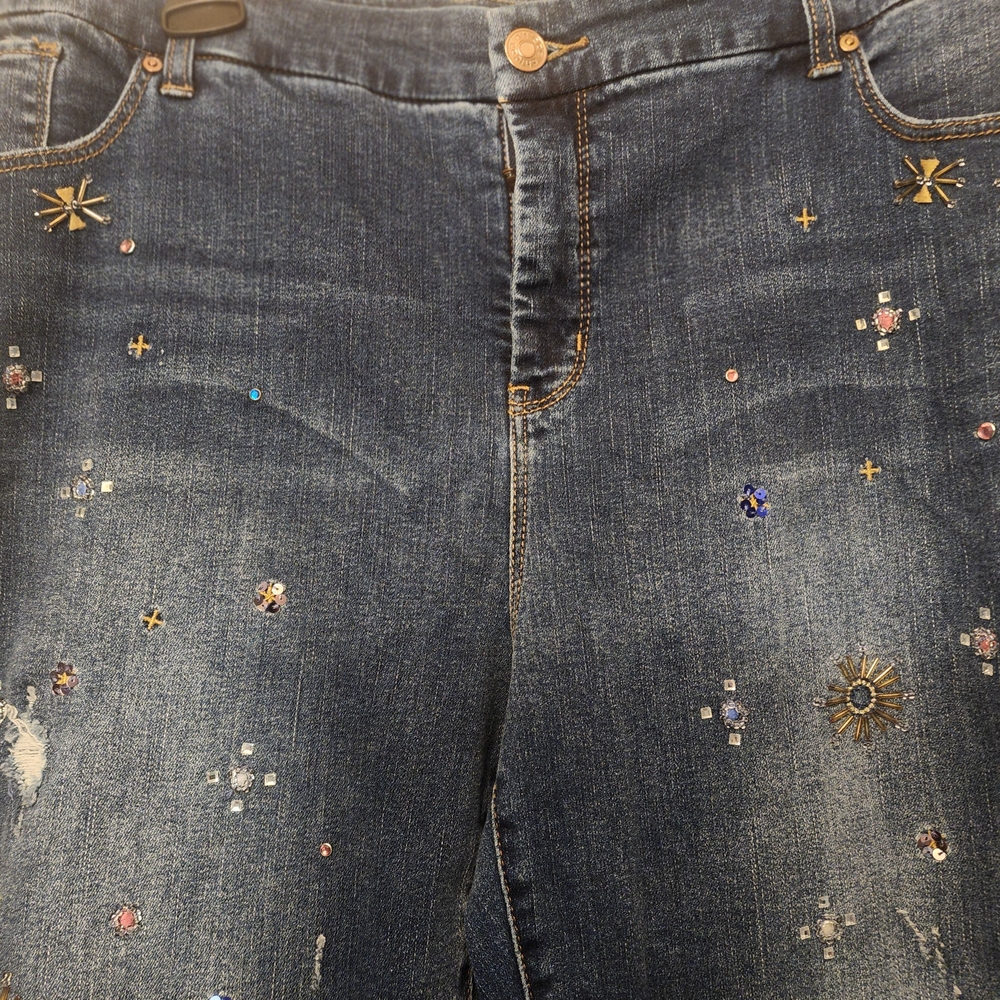 Chicos Blue Skinny Cropped Jeans with Shimmering Distressed Design